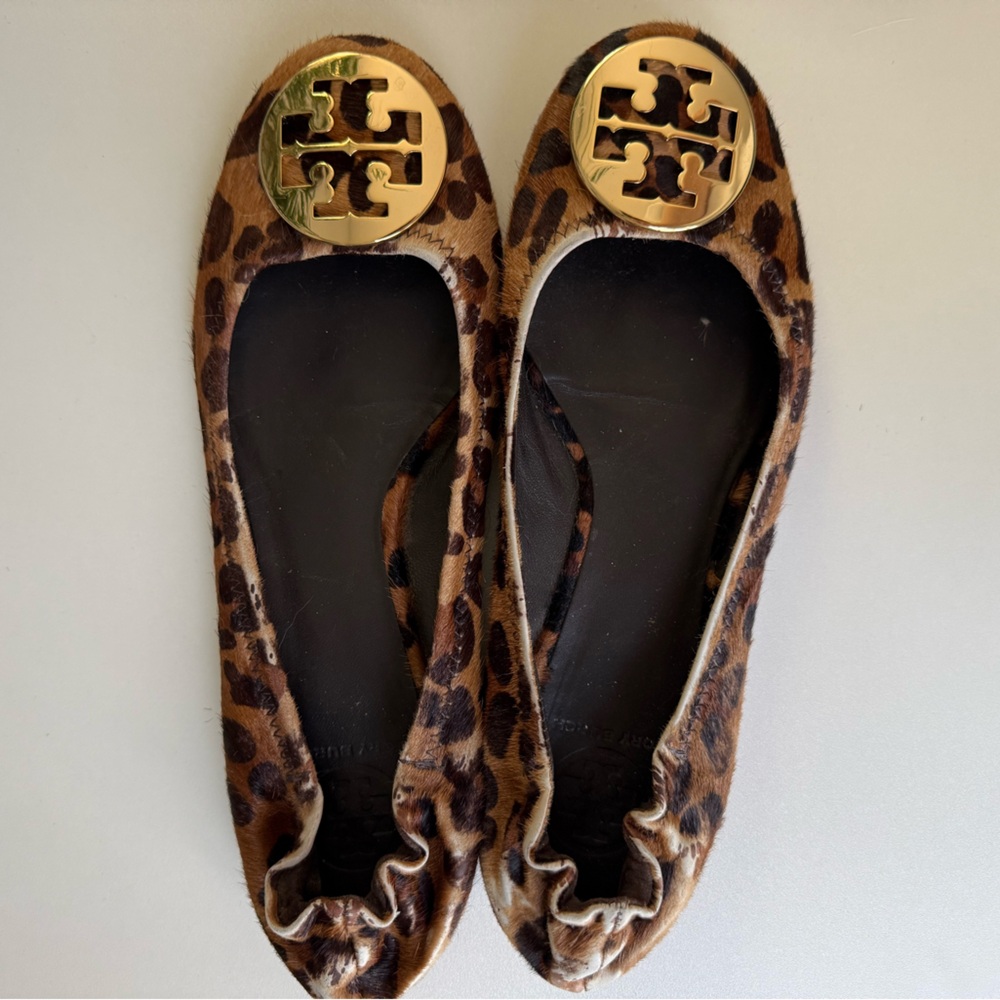 Tory Burch Animal Print Flats with Gold Emblem